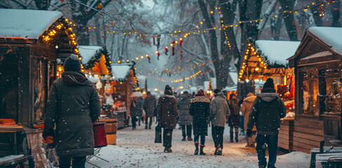 Fototapeta premium Snowy winter market bustling with holiday shoppers in a charming woodland setting