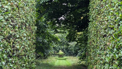 Fototapeta premium Ideally geometrically cropped shorn trees in an abstract well-kept park, beautiful garden path