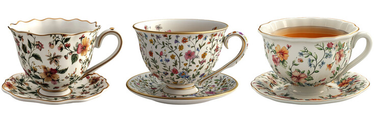 Floral teacups isolated on transparent background perfect for tea and floral themed projects high quality and delicate photography for commercial use