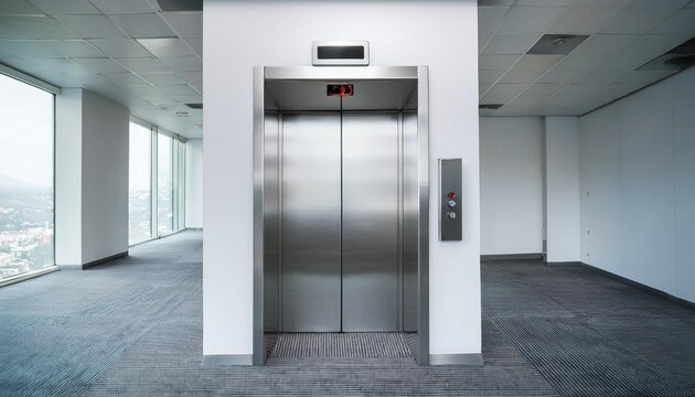 Blank silver closed elevator in office floor interior mock up