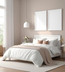 plain white frame in a cozy bedroom, 3d rendering