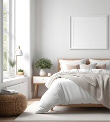 plain white frame in a cozy bedroom, 3d rendering