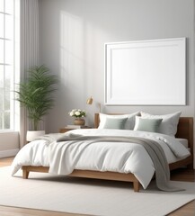 plain white frame in a cozy bedroom, 3d rendering