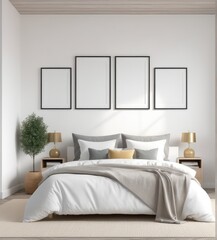 plain white frame in a cozy bedroom, 3d rendering