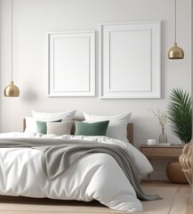 plain white frame in a cozy bedroom, 3d rendering