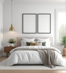 plain white frame in a cozy bedroom, 3d rendering