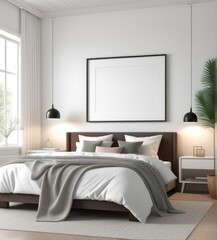 plain white frame in a cozy bedroom, 3d rendering