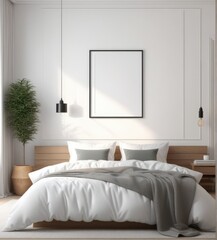 plain white frame in a cozy bedroom, 3d rendering