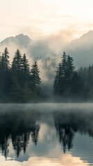 Naklejka premium Misty morning lake with mountain backdrop and
