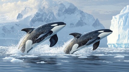 Fototapeta premium Orcas Leaping in the Arctic