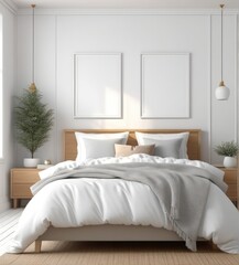 plain white frame in a cozy bedroom, 3d rendering