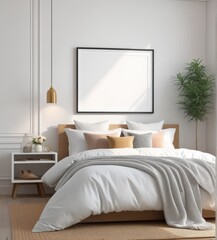 plain white frame in a cozy bedroom, 3d rendering