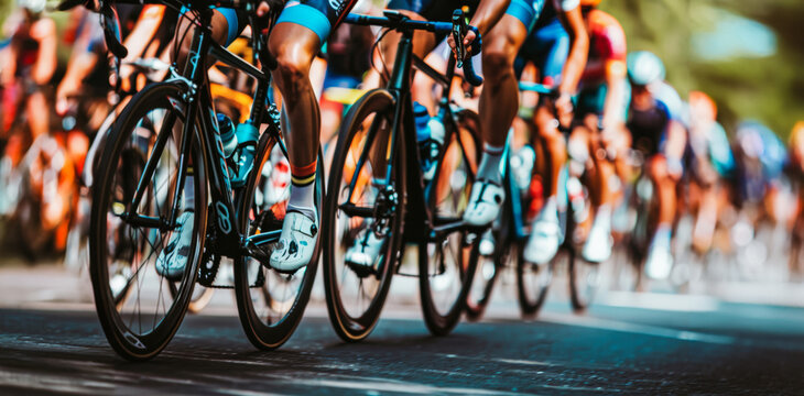 Cyclists racing on a sunlit road during a competitive event with blurred spectators in the background