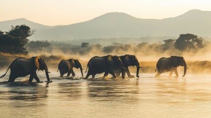 Fototapeta premium Elephant Herd Walking Through River at Sunrise