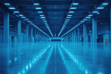 Empty industrial warehouse with blue lighting. This image can be used for concepts like business, technology, and manufacturing.