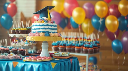 Graduation Party Dessert Table with Cake  Cupcakes  and Balloons
