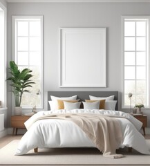 plain white frame in a cozy bedroom, 3d rendering