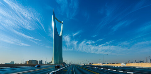 View of the iconic Kingdom Centre in Riyadh, Saudi Arabia, with a clear blue sky and light traffic on the road beneath on a sunny day