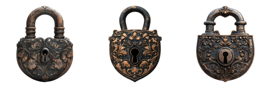 Three antique padlocks isolated on transparent background