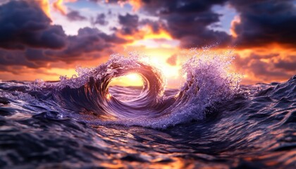 Epic Tube Wave Sunset, Surfing Photography, Ocean Wave Motion, Water Curl, Adventure Photography, Capturing the Thrill of the Ride, Dramatic Sky, Nature Photography, Surfing Art, Sunset Seascape