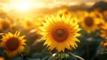 Obraz premium A vibrant sunflower blooms in a field. Perfect for projects about nature, summer, or happiness.
