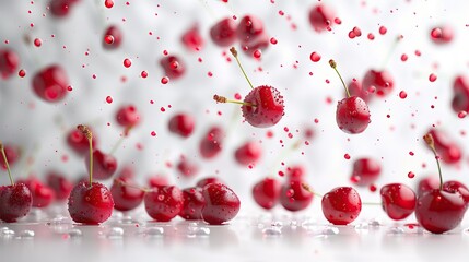 Freshly Rinsed Cherries Falling in a White Kitchen, Red Currants Cherry Fruit Wallpaper, Raw Culinary Ingredient Backdrop, Isolated Organic Food Background for Restaurant Cookbook Recipe Agriculture
