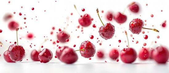 Freshly Rinsed Cherries Falling in a White Kitchen, Red Currants Cherry Fruit Wallpaper, Raw Culinary Ingredient Backdrop, Isolated Organic Food Background for Restaurant Cookbook Recipe Agriculture