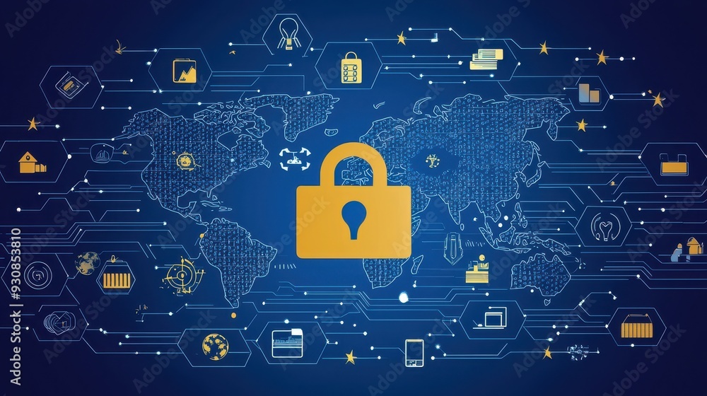 Poster Global Cybersecurity  Digital Security  Internet Protection  World Map  Network  Lock  Data  Abstract  Technology  Concept