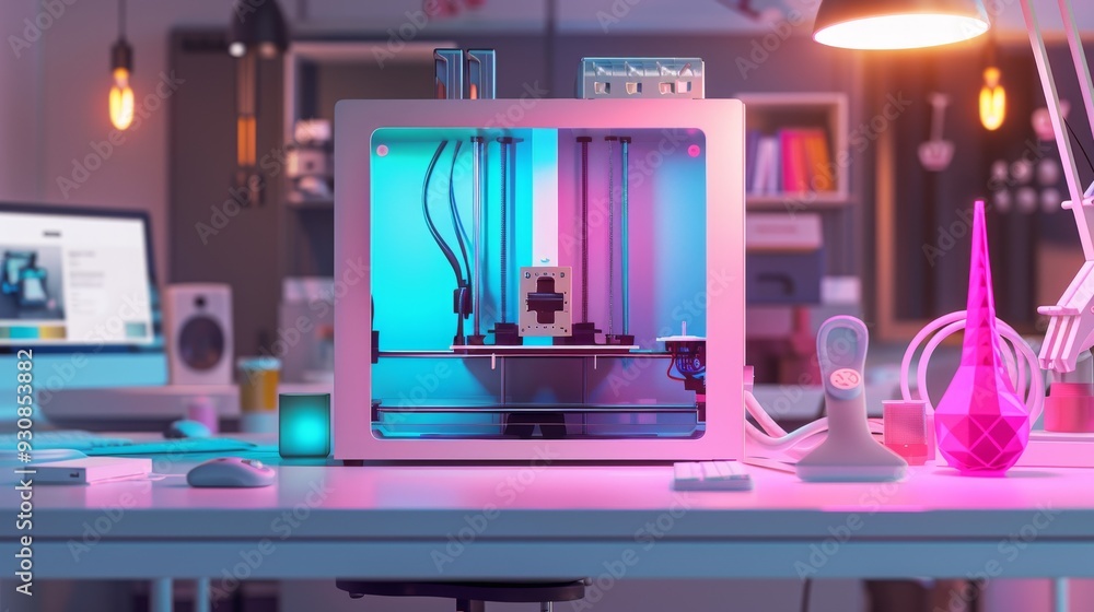 Poster creative studio with neon lighting and state of the art tech setup ideal for innovative projects and