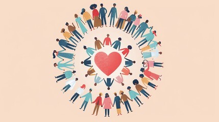 A circle of diverse people holding hands around a heart symbol, representing unity and love.