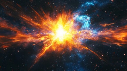 A bright supernova explosion releases a colorful expanding shockwave filled with intense cosmic energy. Glowing stellar debris floats against a deep space backdrop with nebula dust and light bursts.