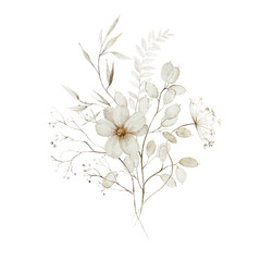 Watercolor floral illustration - wildflowers bouquet. Autumn fall dried flowers leaves, for wedding invitations, greetings, wallpapers, fashion, background texture, wrapping. Yellow white silver dull.