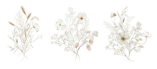 Watercolor floral illustration - wildflowers bouquet set. Autumn fall dried flowers leaves. Wedding invitations, greetings, wallpapers, fashion, background texture, wrapping. Yellow white silver dull.
