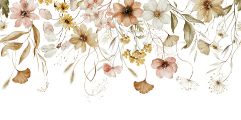 Watercolor seamless border - autumn fall illustration with dull dried yellow flowers, leaves, branches. Wedding invitation, greetings, wallpapers, fashion backgrounds, textures wrappers. White silver. © Veris Studio