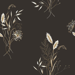 Seamless watercolor floral pattern - autumn fall dried dull flower elements, leaves branches on black dark background. Prints wallpapers postcards greetings cards wedding invites. Yellow white silver. © Veris Studio