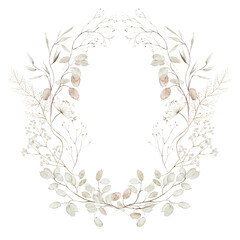 Watercolor floral illustration - wildflowers wreath frame. Autumn fall dried flowers, leaves, for wedding invitations, greetings, wallpapers, fashion, background, texture, wrapping. White silver dull.