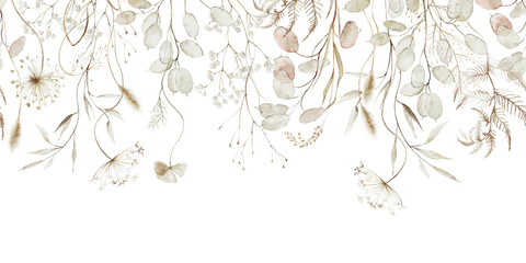 Watercolor seamless border - autumn fall illustration with dull dried yellow flowers, leaves, branches. Wedding invitation, greetings, wallpapers, fashion backgrounds, textures wrappers. White silver. © Veris Studio