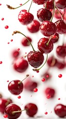 Freshly Rinsed Cherries Falling in a White Kitchen, Red Currants Cherry Fruit Wallpaper, Raw Culinary Ingredient Backdrop, Isolated Organic Food Background for Restaurant Cookbook Recipe Agriculture