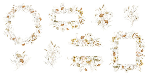 Watercolor floral illustration set - bouquets frames wreaths. Autumn fall dried dull flowers leaves branches collection. Wedding invitation, wallpapers, fashion, prints, clip art. Yellow white silver.