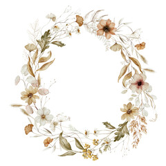 Watercolor floral illustration - wildflowers wreath frame. Autumn fall dried flowers, leaves, for wedding invitations, greetings, wallpapers, fashion, background, texture, wrapping. Yellow dull. 