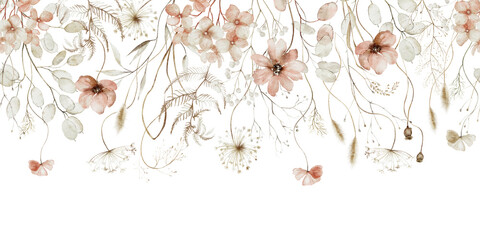Watercolor seamless border - autumn fall illustration with dull dried yellow flowers, leaves, branches. Wedding invitation, greetings, wallpapers, fashion backgrounds, textures wrappers. White silver. © Veris Studio