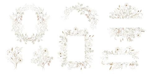 Watercolor floral illustration set - bouquets frames wreaths. Autumn fall dried dull flowers leaves branches collection. Wedding invitation, wallpapers, fashion, prints, clip art. Yellow white silver.