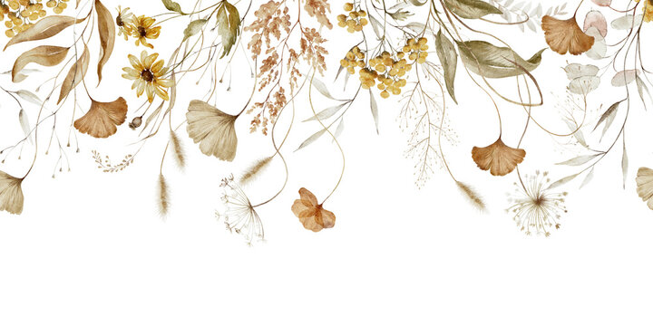 Watercolor seamless border - autumn fall illustration with dull dried yellow flowers, leaves, branches. Wedding invitation, greetings, wallpapers, fashion backgrounds, textures wrappers. White silver.