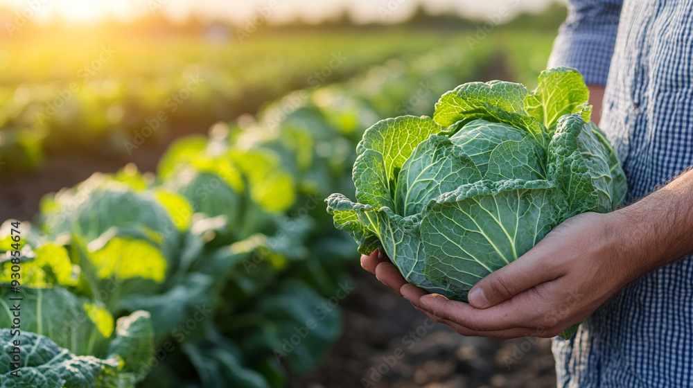 Sticker hands holding a large, ripe cabbage in a sunlit field. The fresh green vegetable symbolizes growth, nurturing, and the harvest season, capturing the essence of sustainable farming and natural abundanc