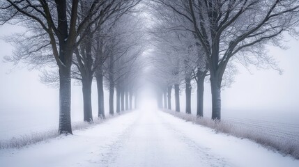 Naklejka premium Winter Pathway: A Snow-Covered Road Lined with Bare Trees in a Serene Landscape