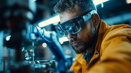 A futuristic factory, a technician using augmented reality glasses to guide a robotic arm in a precise repair.