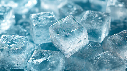 ice cubes filling the entire frame. The ice cubes are transparent and textured, reflecting light to create a cool, refreshing atmosphere. The background is entirely composed of ice