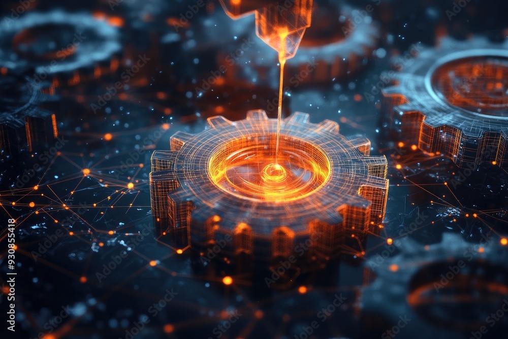 Poster glowing gears interlock in a network. this image represents connectedness and the collaboration of p