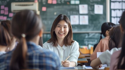 Fototapeta premium Smiling young Asian female student sitting at a desk in a classroom during a lesson with classmates.