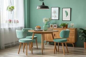 A cozy dining area featuring a round table and four chairs, adorned with plants and decorative elements.